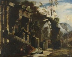 Le Repos De La Sainte Famille Dans Des Ruines Antiques by Giovanni Ghisolfi