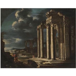 An Architectural Capriccio Of Roman Ruins With Figures Conversing by Giovanni Ghisolfi