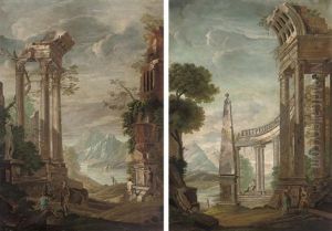An Architectural Capriccio Of Classical Ruins With Figures By A Sculpted Urn (+ An Architectural Capriccio Of Classical Ruins With Figures By An Obelisk; 2 Works) by Giovanni Ghisolfi