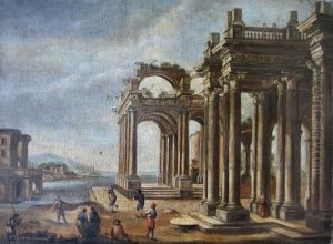 Prospekter Fremstillende Personer Ved Flodlandskaber, I Forgrunden Klassisk Arkitektur (2 Works) by Giovanni Ghisolfi