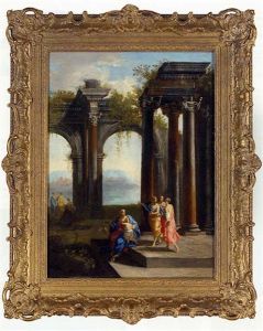 A Capriccio Of Classical Ruins With Elegant Figures And Mountains Beyond by Giovanni Ghisolfi