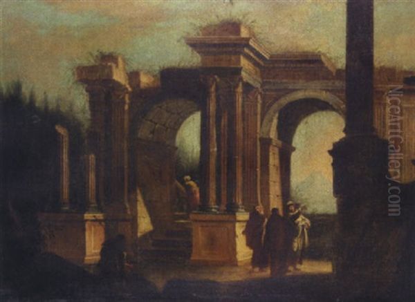 An Architectural Capriccio, With Figures And Monks Among Ruins - view 1