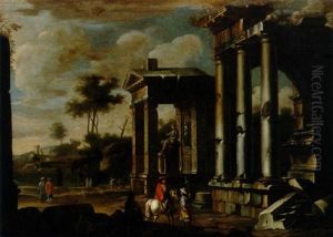 Capriccio Architettonico Con La Statua Di Un Imperatore Romano Nel Portico Di Un Tempio by Giovanni Ghisolfi