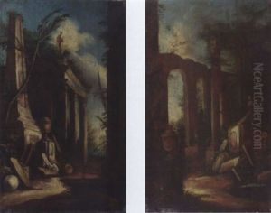 A Capriccio Of Classical Ruins With A Tomb By A Pool; A Capriccio Of Classical Ruins With A Fountain Before A Colonnade by Giovanni Ghisolfi