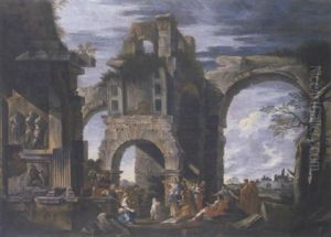 An Architectural Capriccio With The Raising Of Lazarus by Giovanni Ghisolfi