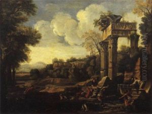 Rovine Di Un Tempio Ionico Presso Una Fonte Con Astanti Vari, In Un Paesaggio Classico by Giovanni Ghisolfi