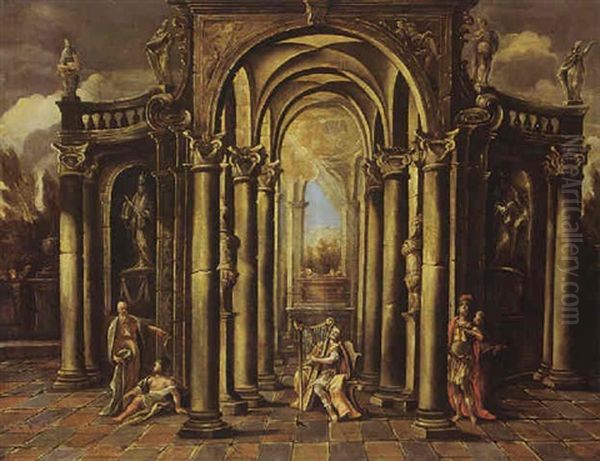 An Architectural Capriccio Of A Classical Building Adorned With Statues And David Playing The Harp - view 1