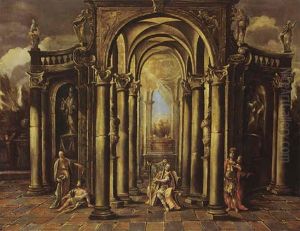 An Architectural Capriccio Of A Classical Building Adorned With Statues And David Playing The Harp