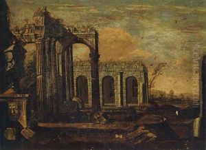 An Architectural Capriccio Of Roman Ruins by Giovanni Ghisolfi