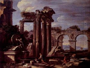 A Landscape With Classical Figures Near A Fountain Amid Roman Ruins