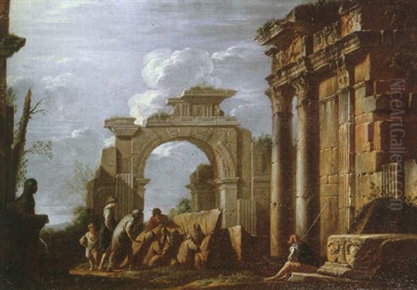 A Landscape With Classical Figures Examining A Stone Relief Amid Roman Ruins - view 1