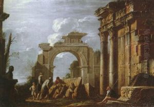 A Landscape With Classical Figures Examining A Stone Relief Amid Roman Ruins by Giovanni Ghisolfi
