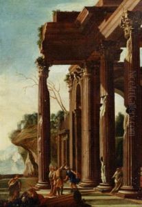 Figures Conversing In The Portico Of An Ruined Temple by Giovanni Ghisolfi