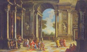 The Interior Of A Classical Palace With Solomon Before The Queen Of Sheba by Giovanni Ghisolfi