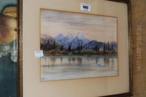 A Mountain Lake Scene With Distant Mountains by J. Baber