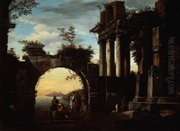 An Architectural Capriccio With Figures Among Classical Ruins, A View Of An Italianate Coastline Beyond - view 1
