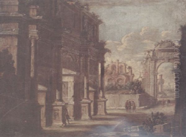 A View Of Roman Ruins With An Elegant Figure Under An Archway And Other Figures In The Foreground - view 1