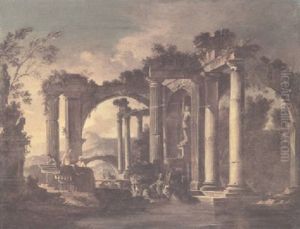 A Capriccio Landscape With Classical Ruins And Figures Crossing A River In The Foreground by Giovanni Ghisolfi