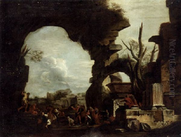 Classical Ruins With Figures Baiting A Monkey - view 1