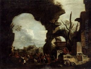 Classical Ruins With Figures Baiting A Monkey by Giovanni Ghisolfi