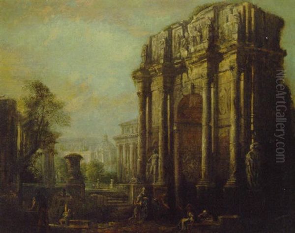 A Capriccio Of Roman Ruins With The Arch Of Constantine And Figures In The Foreground - view 1