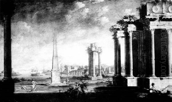 Figures Among Ruins With Harbor In The Distance - view 1