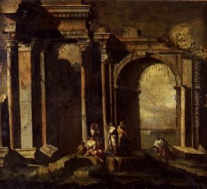 Reunion De Personnages Au Pied Des Ruines D'un Temple Antique