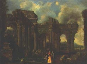 Elegant Figures Amongst Classical Ruins by Giovanni Ghisolfi