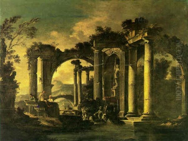 Cappriccio Landscape With Classical Ruins And Figures Crossing A River - view 1