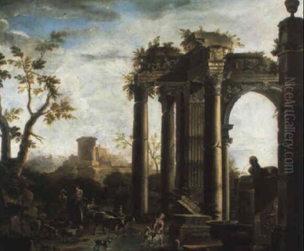 Travellers In A Landscape With Classical Ruins - view 1