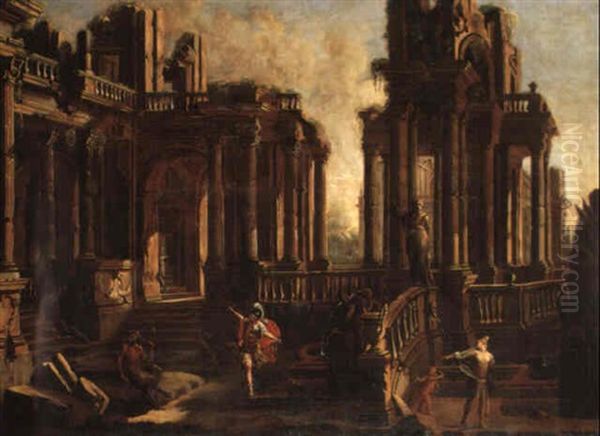 A Classical Ruined Temple With A Satyr, Centurion And A Maiden With Cupid - view 1