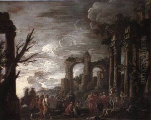 Grave-diggers Displaying Oxen Skulls To A King By A Classical Ruin by Giovanni Ghisolfi