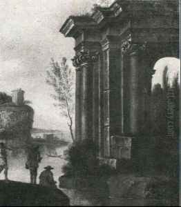 Figures On A Riverbank Looking Out Towards The Ruins Of A   Classicising Building On The Farside