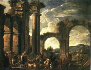 A Capriccio Of Classical Ruins With The Christians Leaving Jerusalem by Giovanni Ghisolfi