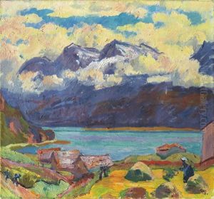 Morgenstimmung - Stalle Und Heuerin In Capolago Mit Blick Auf Den Silsersee Und Den Corvatsch by Giovanni Giacometti