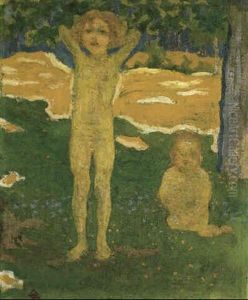 Zwei Kinder In Wiese by Giovanni Giacometti