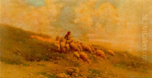 A Shepherdess With Her Flock On A Hillside - view 1