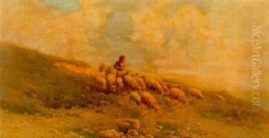 A Shepherdess With Her Flock On A Hillside by Angelos Giallina