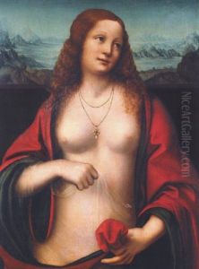 Weibliche Halbfigur Mit Rotem Mantel Und Zartem Schleier Vor Einer Landschaft Weibliche Halbfigur Mit Rotem Mantel Und Zartem Schleier Vor Einer Landschaft