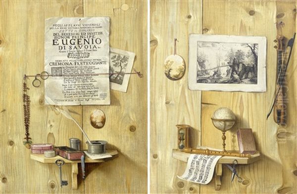 Pair Of Works: Trompe-l'oeil With Rosary, Spectacles, Book And Ink Well/ Trompe-l'oeil With Globe, Musical Instruments, Score And Hour Glass - view 1