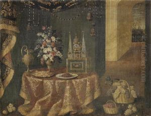 A Bronze Urn Of Flowers With A Dish Of Sweetmeats And A Clock Together On A Draped Table