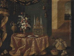 Narcissi, Roses, Lilies, Peonies And Other Flowers In A Sculpted Urn, A Beaker, An Elaborate Clock, Sweatmeats And Cherries On Plates On A Draped Table, With Grapes In Wicker Baskets In An Interior by Antonio Gianlisi