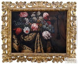 Blumenstilleben Auf Einem Drapierten Teppich
