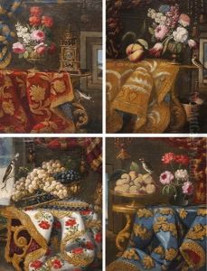 Folge Von Vier Stillleben Mit Teppichen, Damasttischdecken by Antonio Gianlisi
