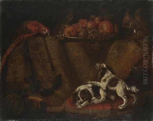 Composizione Di Frutta Su Vassoio E Drappo, Con Coppia Di Cani E Pappagallo - view 1