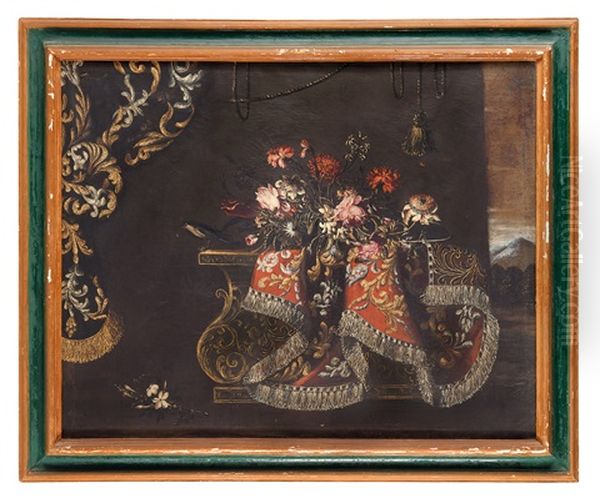 Natura Morta Con Tavola, Tessuti Ricamati E Fiori - view 1