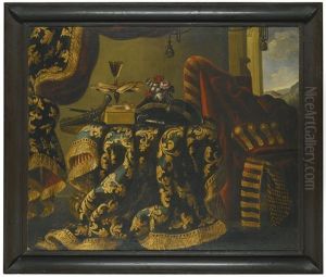 Still Life With A Sword, A Pistol, Flowers And Other Paraphernalia Displayed Upon A Richly Embroidered Carpet