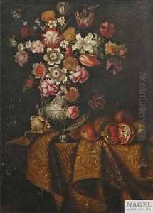 Stilleben Mit Blumen Und Fruchten Auf Einem Tisch, Der Von Einem Teppich Bedeckt Wird