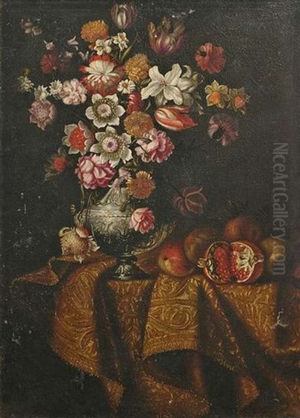 Stilleben Mit Blumen Und Fruchten Auf Einem Tisch, Der Von Einem Teppich Bedeckt Wird - view 1
