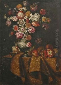 Stilleben Mit Blumen Und Fruchten Auf Einem Tisch, Der Von Einem Teppich Bedeckt Wird